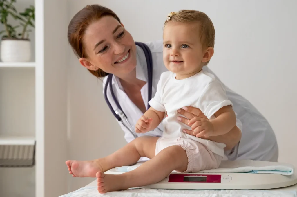 Kind und Arzt die Lächeln