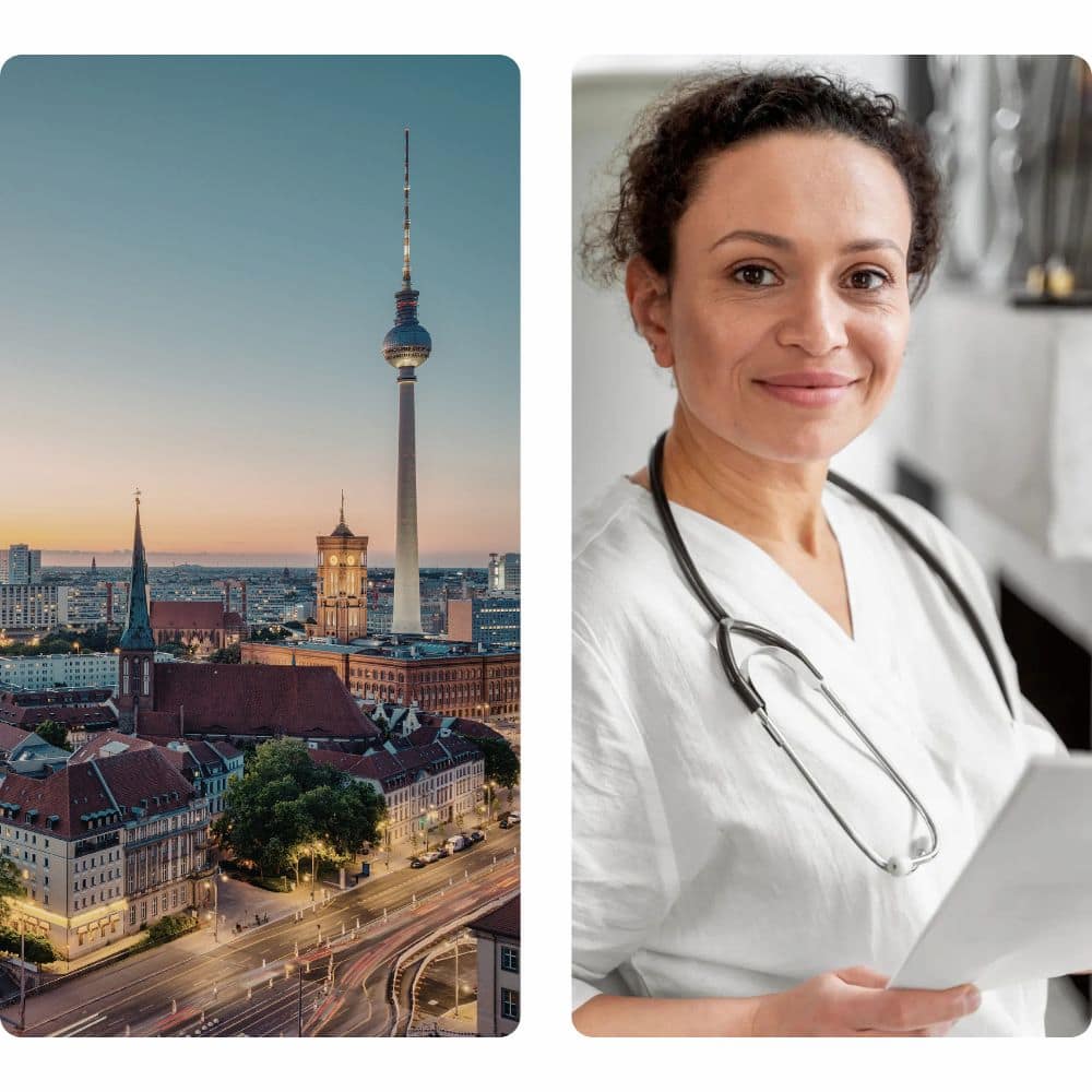 Stadtansicht Berlin links und laechelnde mobile Aerztin rechts