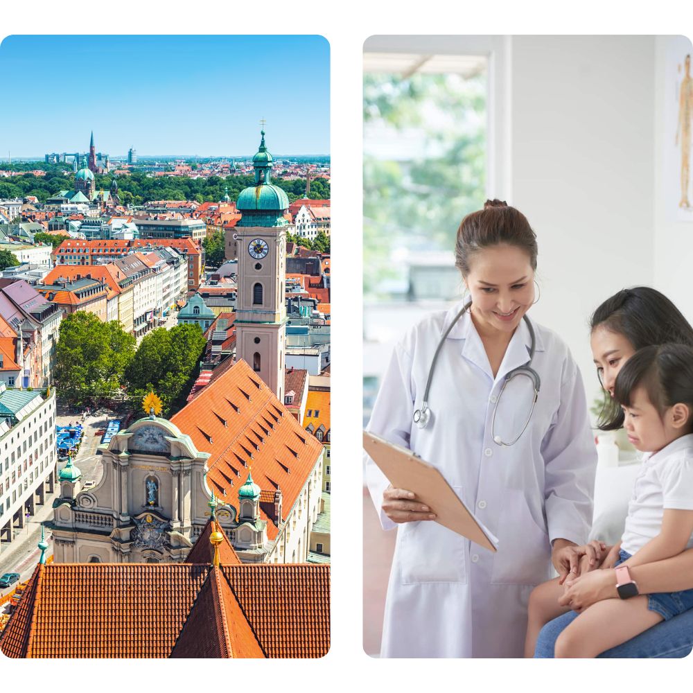 stadtansicht muenchen links und Kinderaerztin mit einer Familie rechts